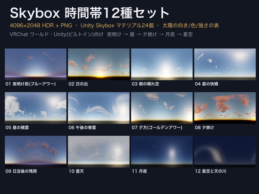 Skybox 時間帯12種セット｜夜明け・昼・夕焼け・星空・月夜・曇天ほか｜HDR+PNG+Unity Material｜VRChatワールド・ライトベイク対応