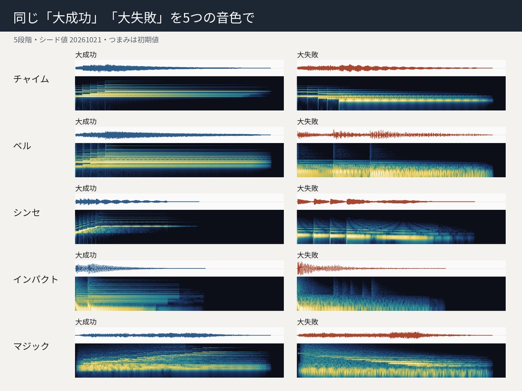 判定効果音ジェネレーター|段階数と言葉を自分で決めて、毎回違う音を書き出し|ブラウザで開くだけの単体HTML・WAV出力・オフライン