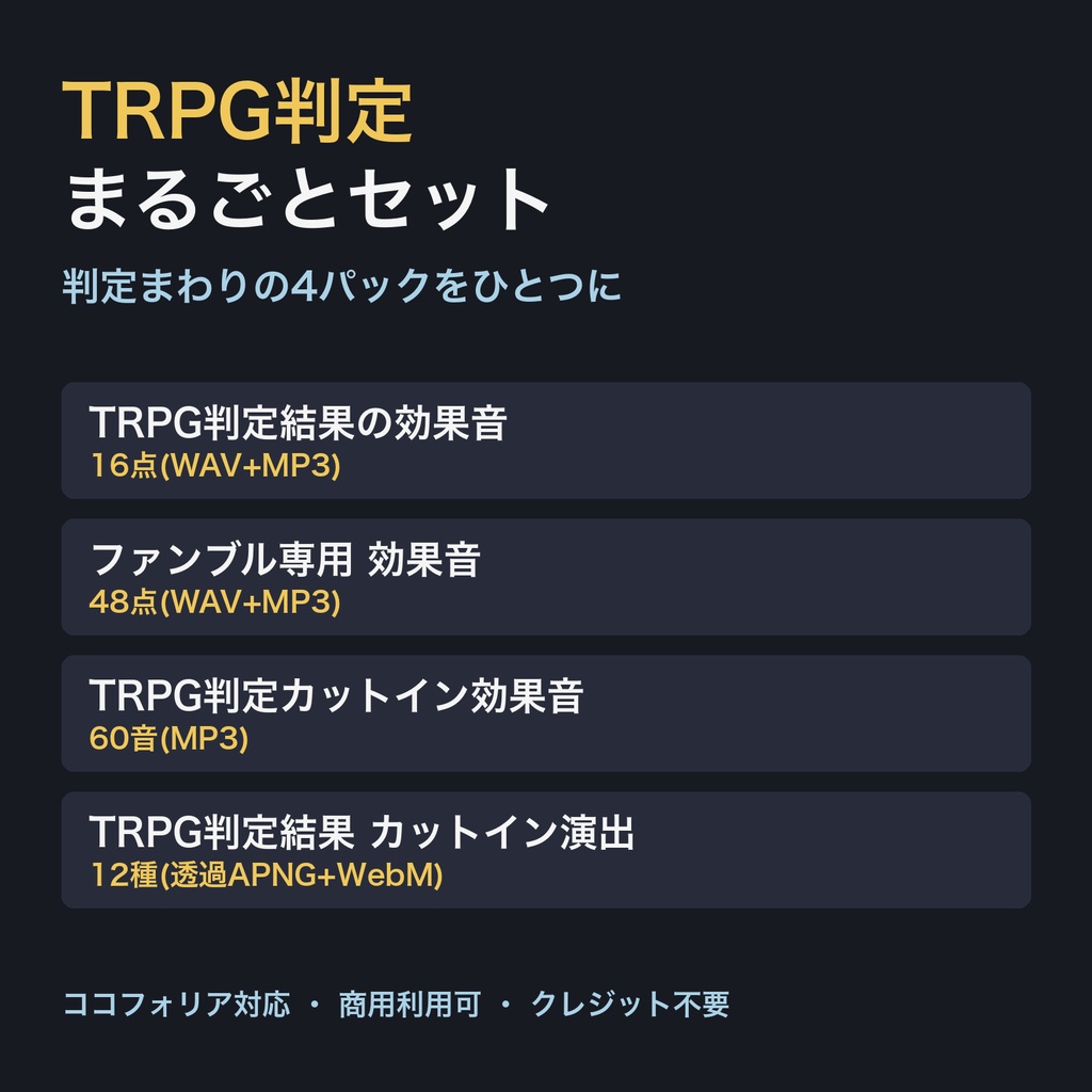 【ココフォリア対応】TRPG判定 まるごとセット|判定結果の効果音16点・ファンブル48点・判定カットイン効果音60音・判定カットイン演出12種|WAV+MP3・透過APNG/WebM・商用可