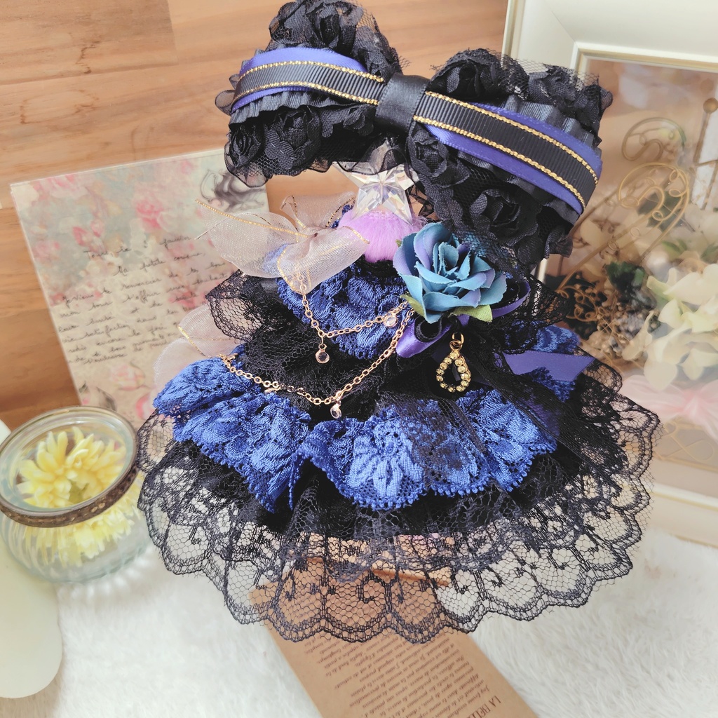 №09-120 ダークブルー☓ゴールド ドレス 16cm ぬい服