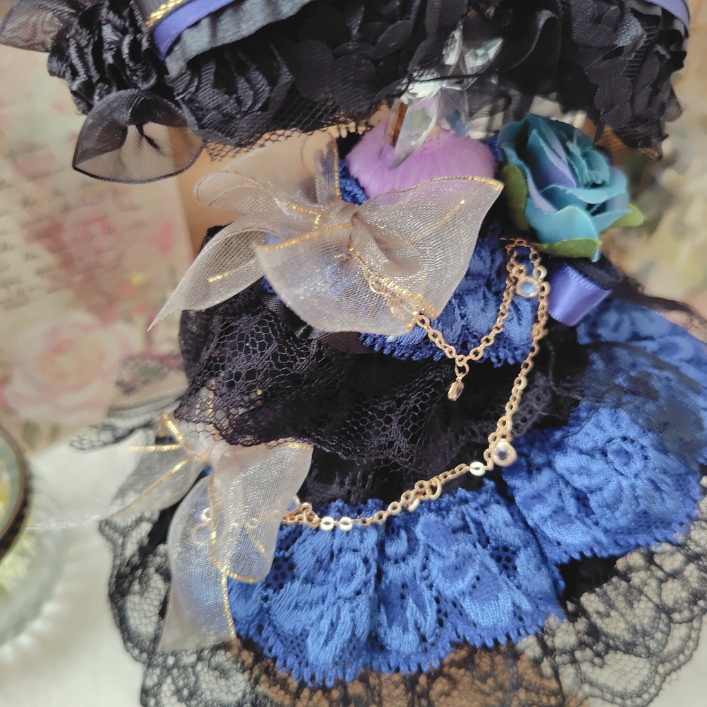 №09-120 ダークブルー☓ゴールド ドレス 16cm ぬい服