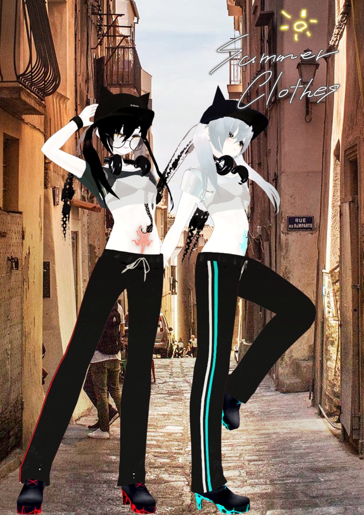 【Vroidテクスチャ】開放的!露出高め夏服2色セット・アクセサリー(.blend)カスタムアイテム化