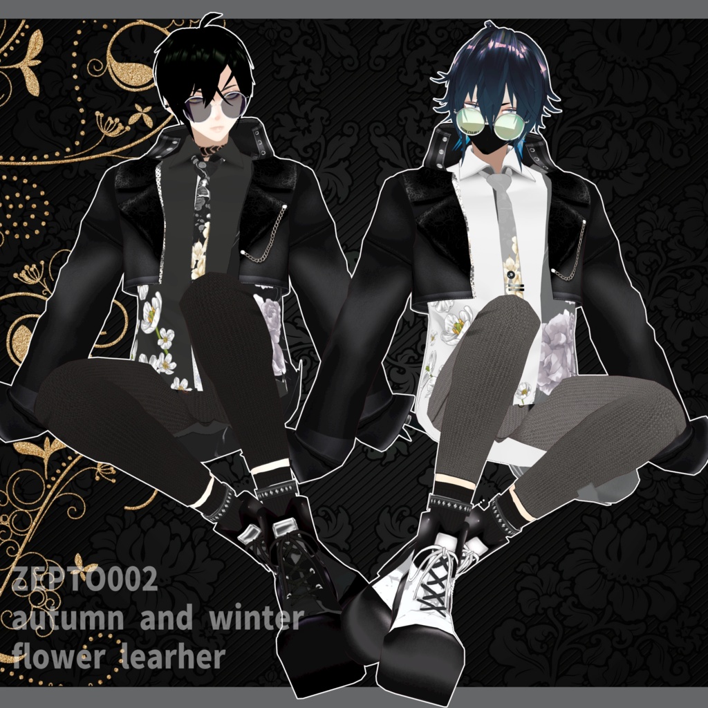 【Vroidテクスチャ】ZEPTO002秋冬メンズ服leather＆flower set　white/black