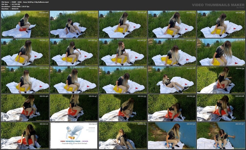 座って大きな風船を4つ割るアナ