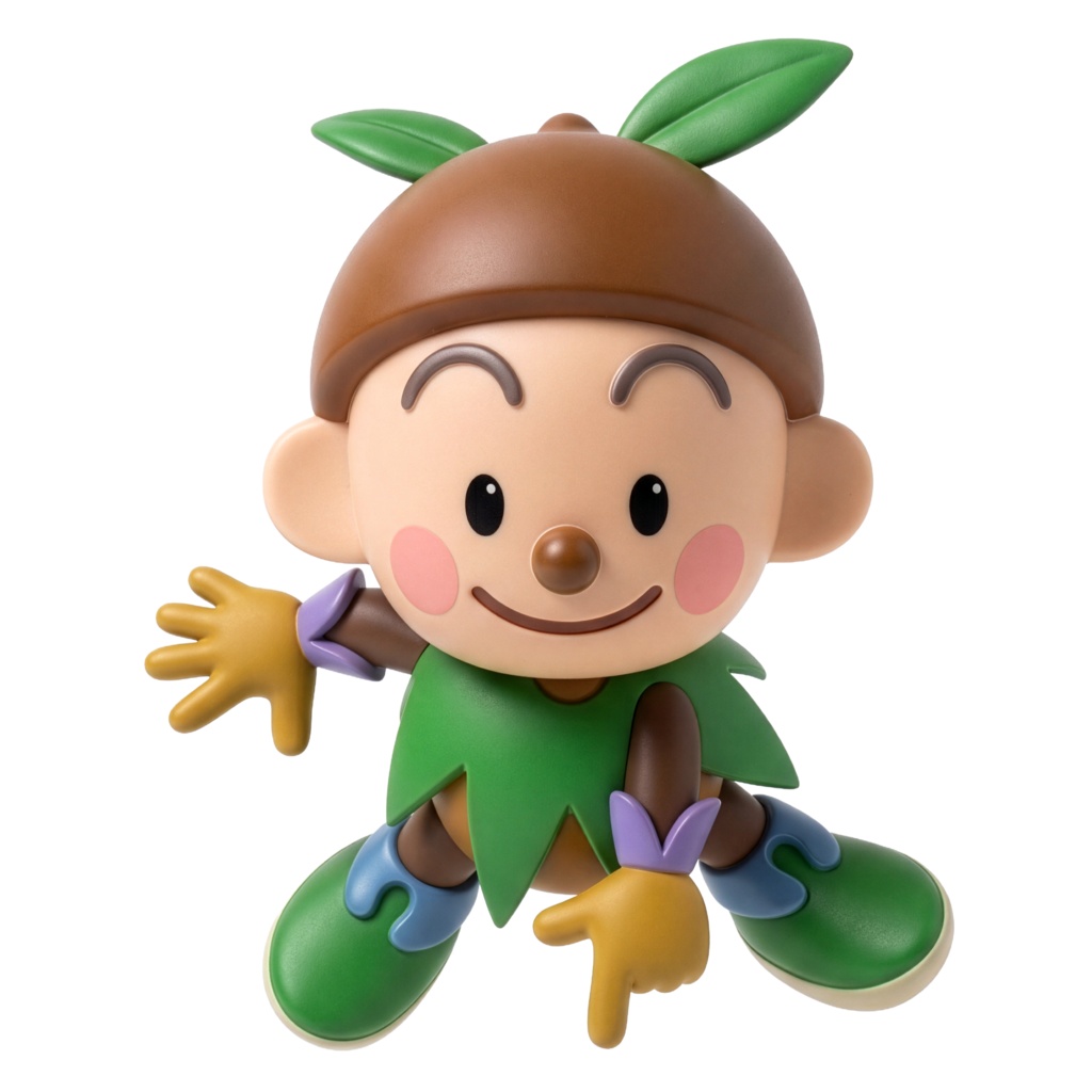 【背景透過PNG】3D風どんぐりキャラクター素材：指差しジャンプ（商用利用可）グリーンボーイ