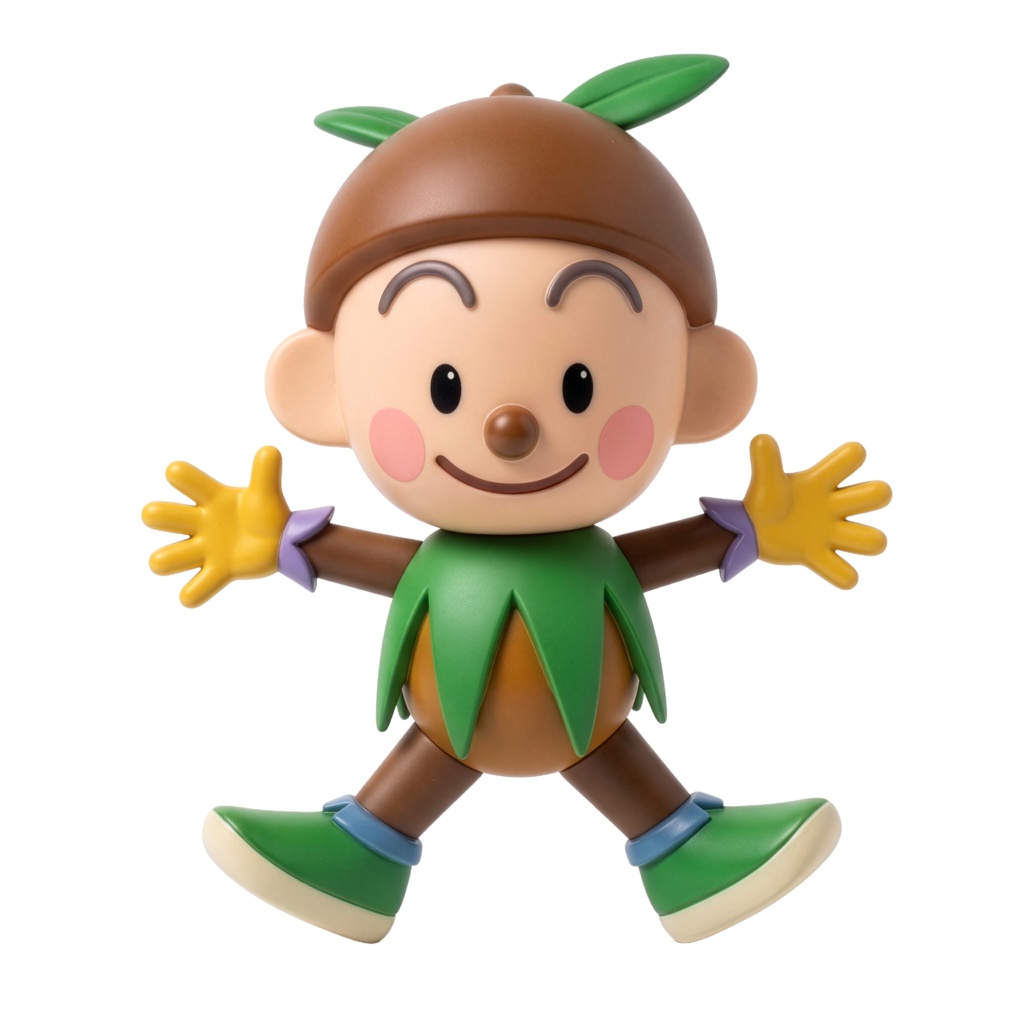 【背景透過PNG】3D風どんぐりキャラクター素材：バンザイジャンプ（商用利用可）グリーンボーイ