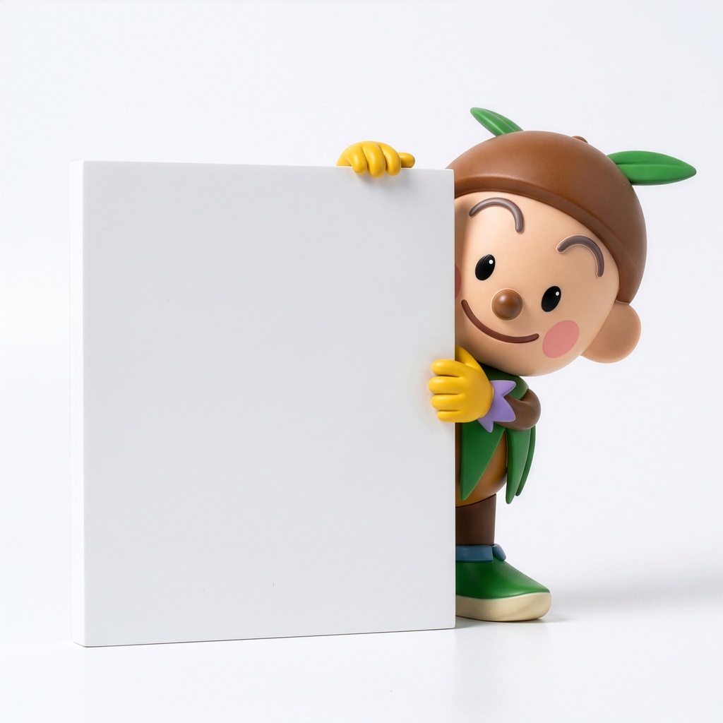 【背景透過PNG】3D風どんぐりキャラクター素材：パネルを支えてご案内ポーズ（商用利用可）グリーンボーイ