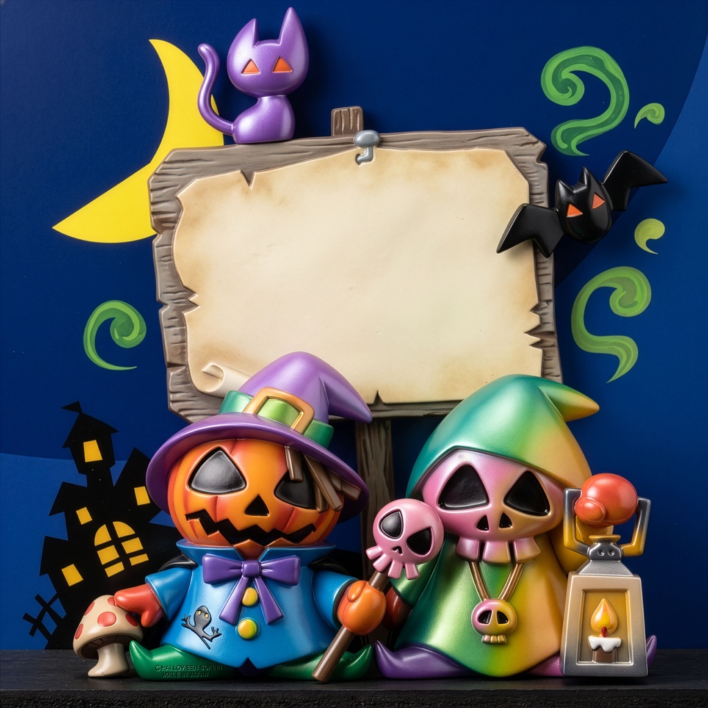 【ソフビ風素材】限定カラー版！ハロウィンの木製看板とメタリックなお化けたちのジオラマ風イラスト