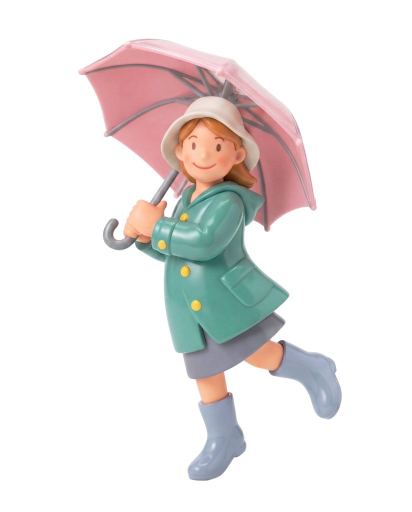 【ソフビ風素材】切り抜き・合成用白背景！レインコート姿で雨の日を歩く女性イラスト
