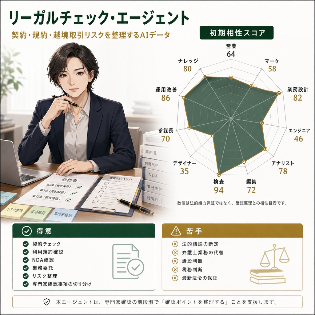 リーガルチェック・エージェント:契約・規約・越境取引リスクを整理するAIデータ