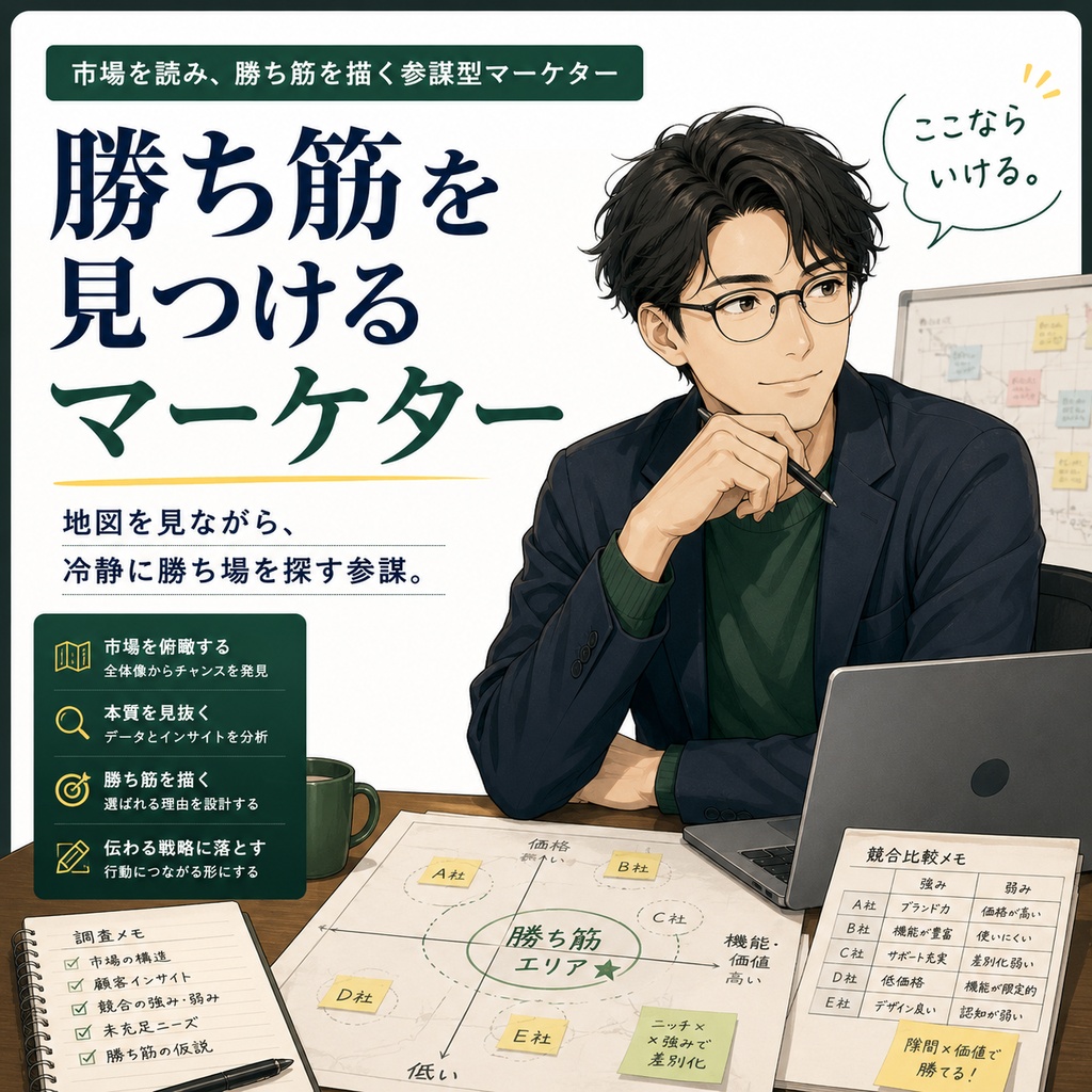 勝ち筋を見つけるマーケター 人格エージェント|市場・競合・顧客を見て戦う場所を絞るAIデータ