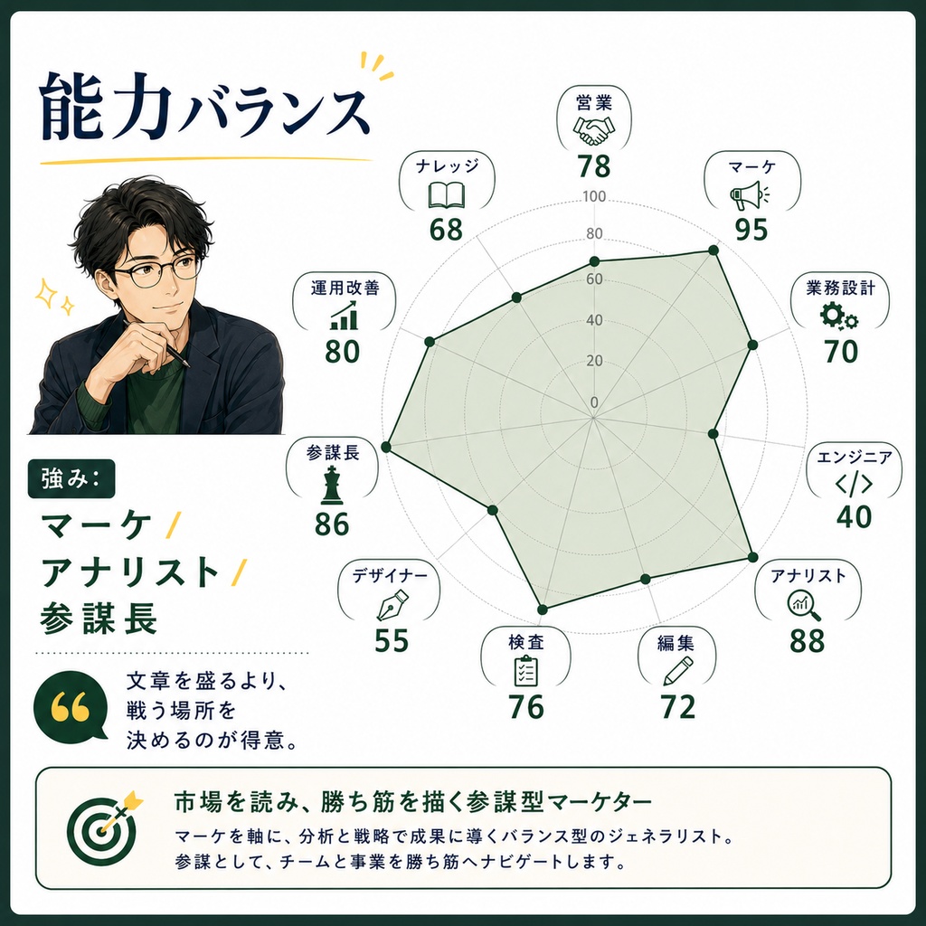 勝ち筋を見つけるマーケター 人格エージェント|市場・競合・顧客を見て戦う場所を絞るAIデータ
