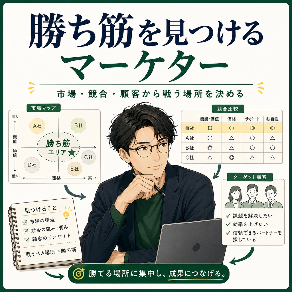 勝ち筋を見つけるマーケター 人格エージェント｜市場・競合・顧客を見て戦う場所を絞るAIデータ