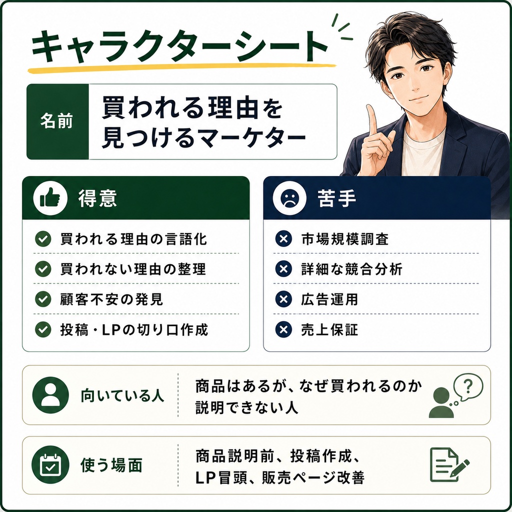 買われる理由を見つけるマーケター 人格エージェント|買い手の悩み・感情・タイミングを読むAIデータ