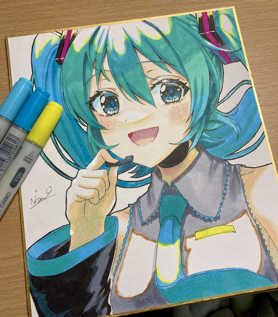 初音ミク　直筆フルカラーイラスト色紙　中サイズ