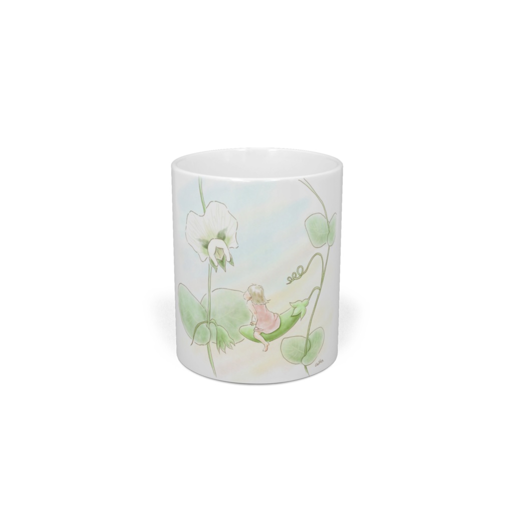 「スナップエンドウの花と少女」マグカップ