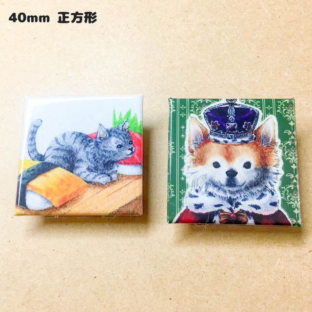 わんにゃんイラスト 缶バッジ 38mm/正方形