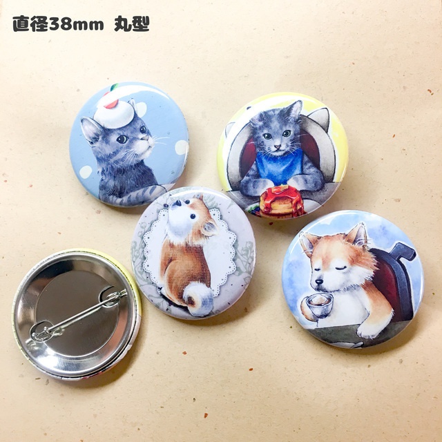 わんにゃんイラスト 缶バッジ 38mm/正方形