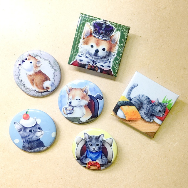 わんにゃんイラスト 缶バッジ 38mm/正方形