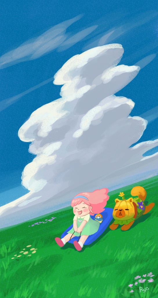 ももちゃん、かぼちゃうちゃうと草すべり