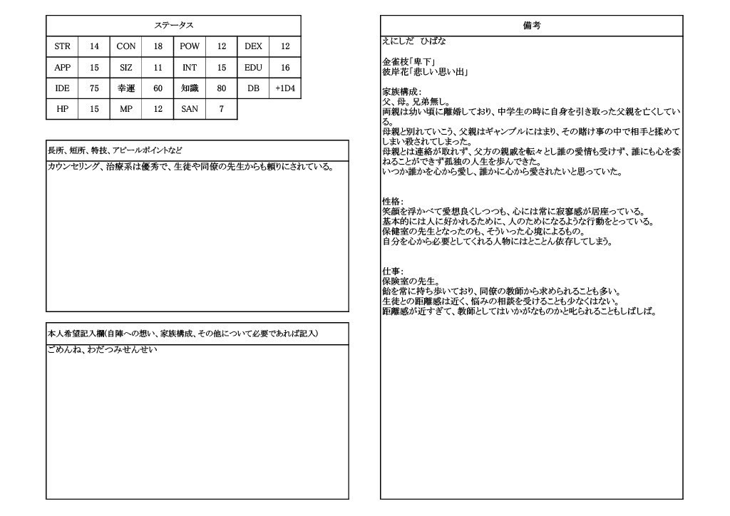 Coc 探索者履歴書 Dependence Booth