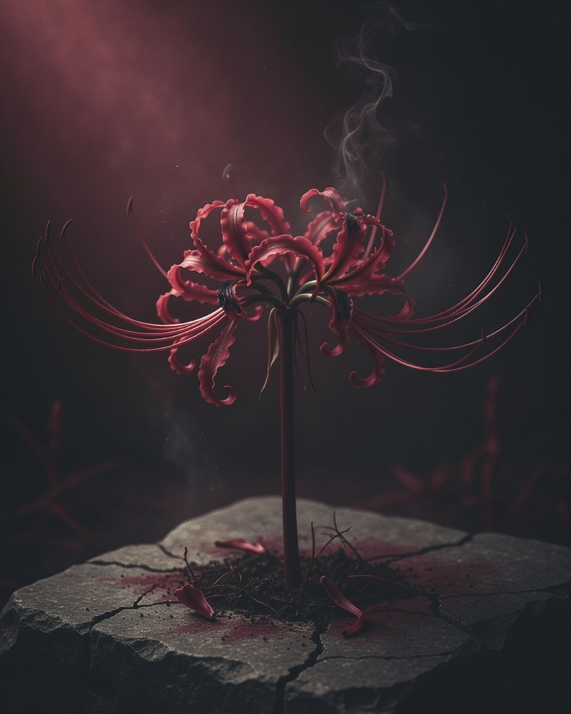 「燻る彼岸花：深紅の灰より咲くもの」/【Printable Art】Smoldering Spider Lilies: What Blooms from Crimson Ash