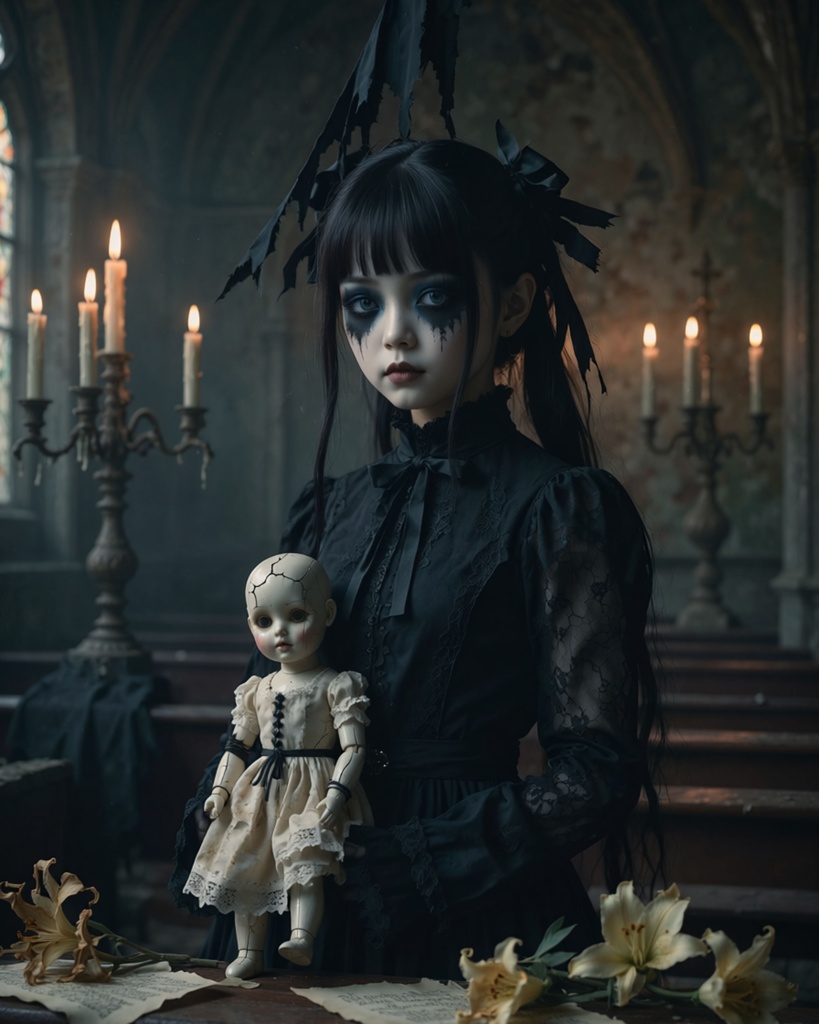 「黒涙の少女:ひび割れた人形の囁き」/【Printable Art】The Girl of Black Tears: Whispers of a Cracked Doll