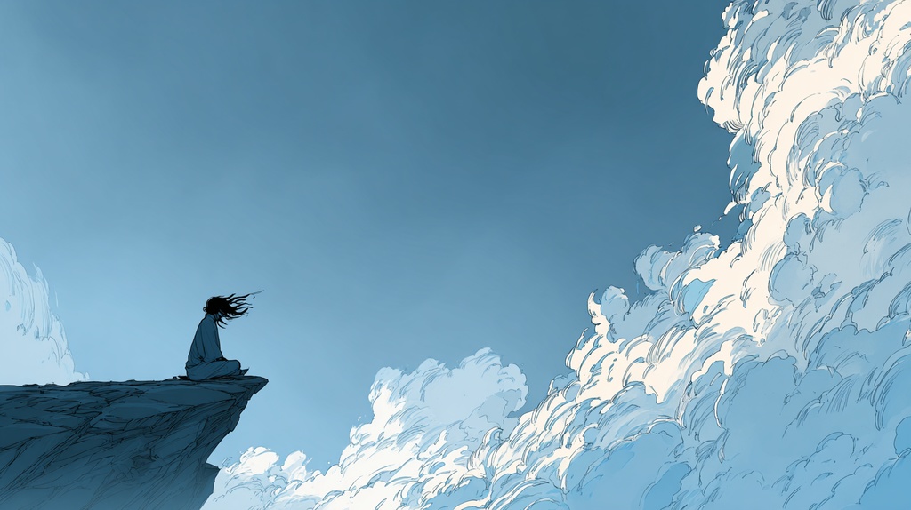 Windwatch Cliff — Minimal Comic-Style Sky Silhouette Art Pack (9 Images, 4K) 「風を見守る崖」ミニマル漫画風・空と雲のシルエットアート(9枚・4K)