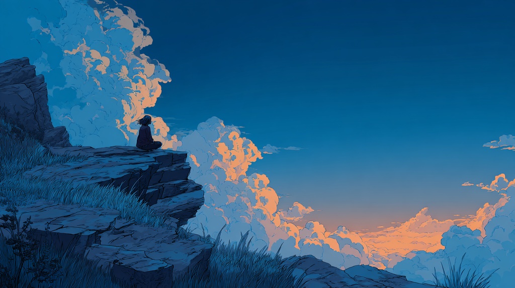 Windwatch Cliff — Minimal Comic-Style Sky Silhouette Art Pack (9 Images, 4K) 「風を見守る崖」ミニマル漫画風・空と雲のシルエットアート(9枚・4K)