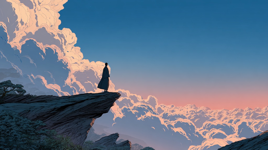 Windwatch Cliff — Minimal Comic-Style Sky Silhouette Art Pack (9 Images, 4K) 「風を見守る崖」ミニマル漫画風・空と雲のシルエットアート(9枚・4K)