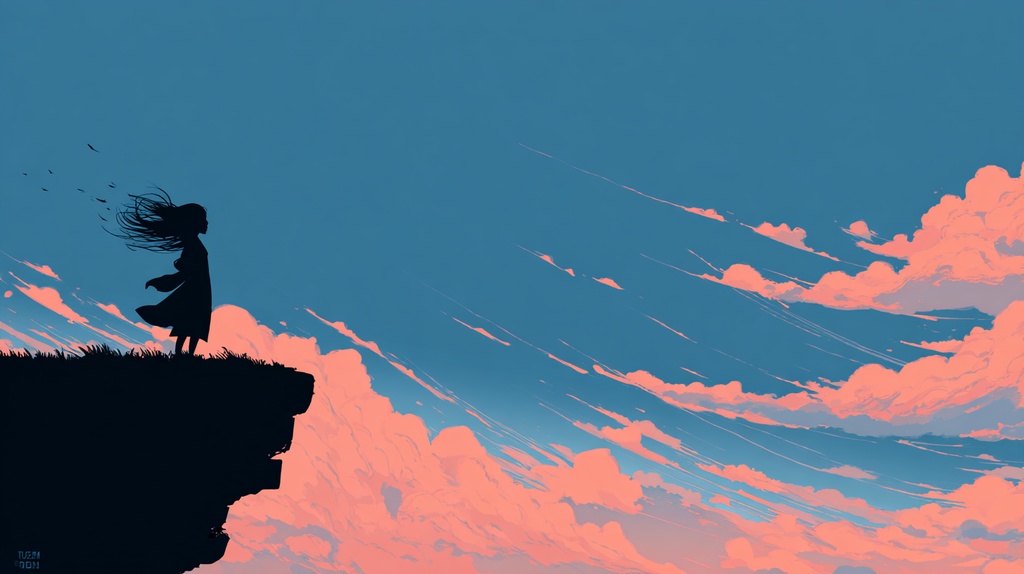Windwatch Cliff — Minimal Comic-Style Sky Silhouette Art Pack (9 Images, 4K) 「風を見守る崖」ミニマル漫画風・空と雲のシルエットアート(9枚・4K)