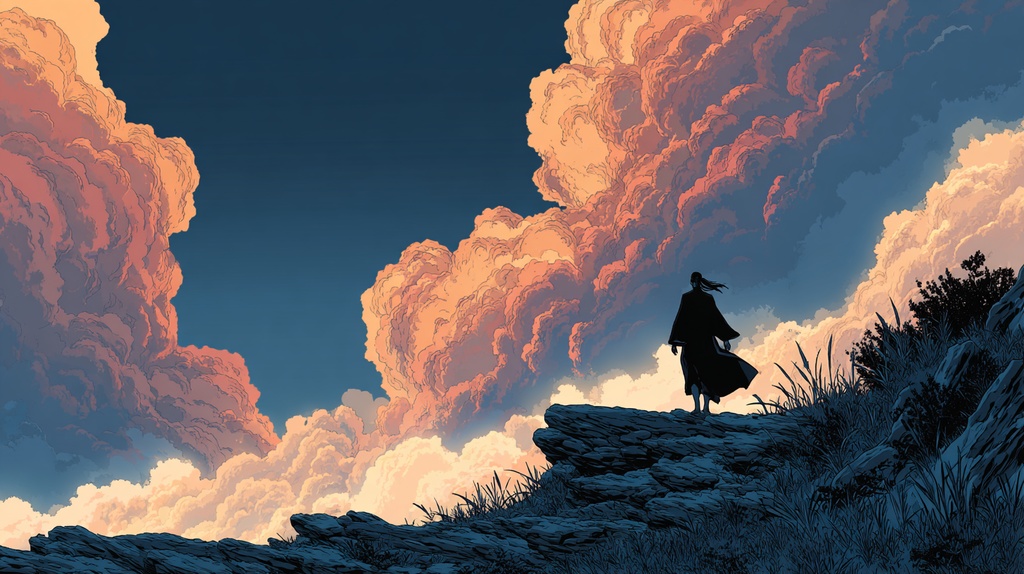 Windwatch Cliff — Minimal Comic-Style Sky Silhouette Art Pack (9 Images, 4K) 「風を見守る崖」ミニマル漫画風・空と雲のシルエットアート(9枚・4K)