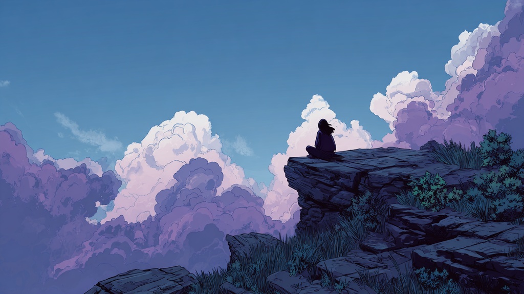 Windwatch Cliff — Minimal Comic-Style Sky Silhouette Art Pack (9 Images, 4K) 「風を見守る崖」ミニマル漫画風・空と雲のシルエットアート(9枚・4K)