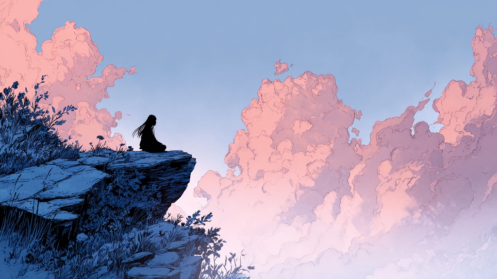 Windwatch Cliff — Minimal Comic-Style Sky Silhouette Art Pack (9 Images, 4K) 「風を見守る崖」ミニマル漫画風・空と雲のシルエットアート(9枚・4K)