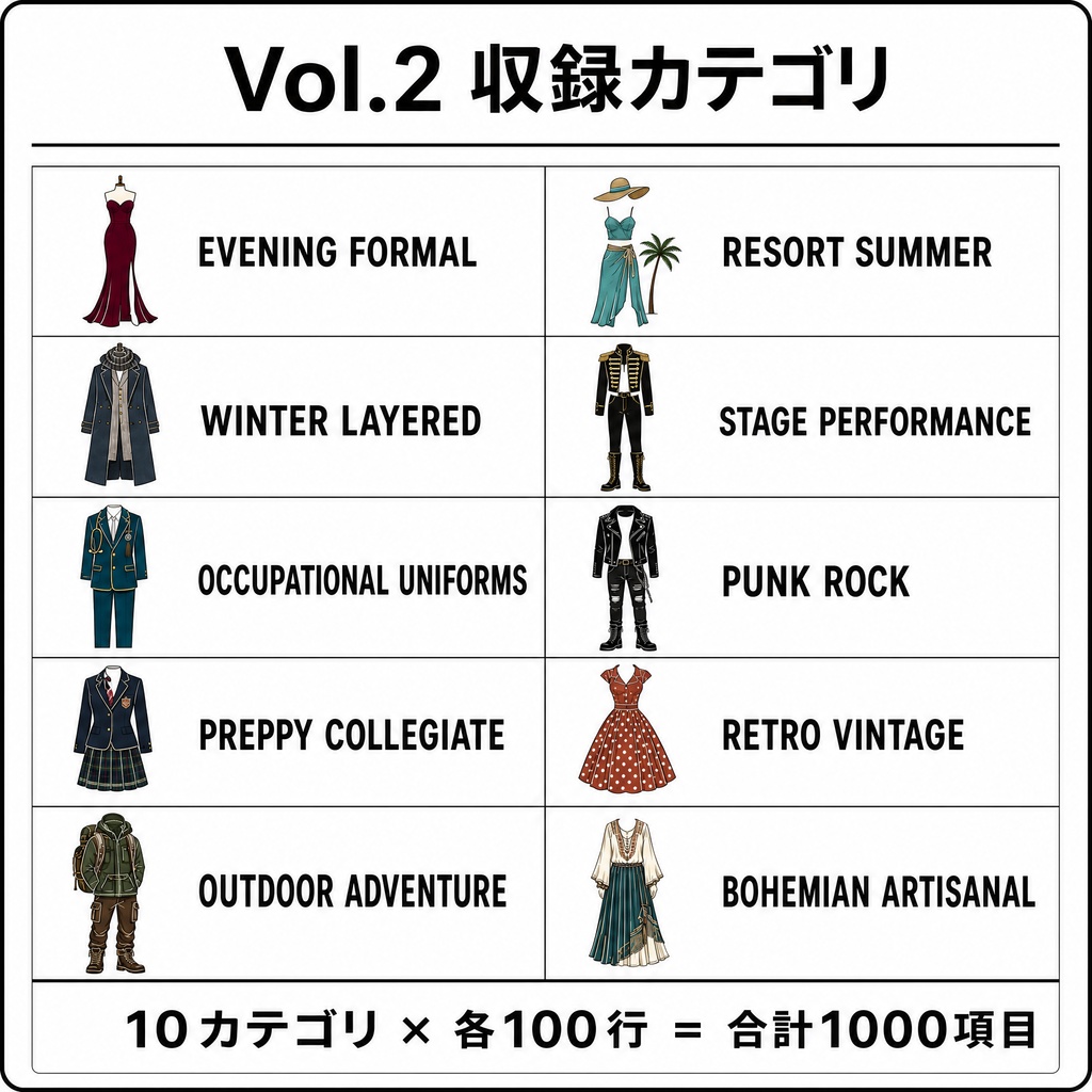 AIイラスト生成向け 女性衣装ワイルドカード集 Vol.2