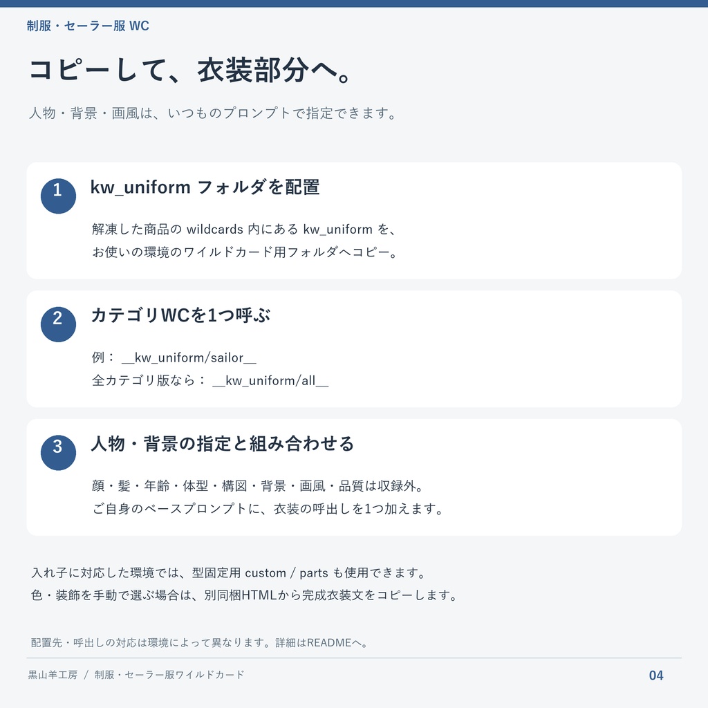 制服・セーラー服ワイルドカード|型・色・装飾差分 カテゴリ選択して自動で呼び出すHTML付き