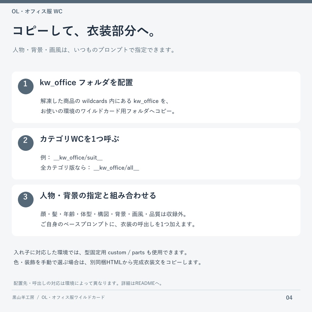 OL・オフィス服ワイルドカード|型・色・装飾差分 カテゴリ選択して自動で呼び出すHTML付き