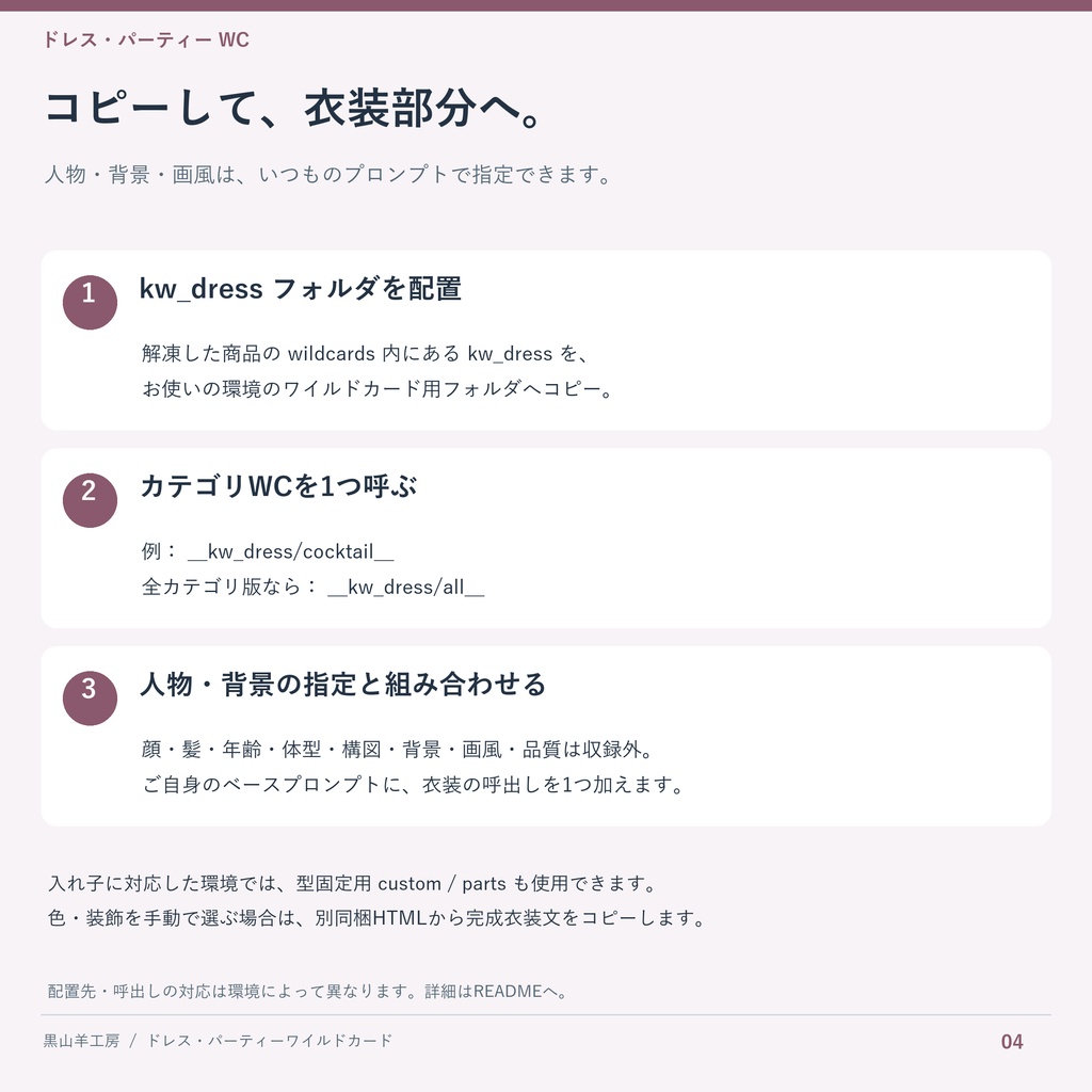 ドレス・パーティードレスワイルドカード|型・色・装飾差分 カテゴリ選択して自動で呼び出すHTML付き