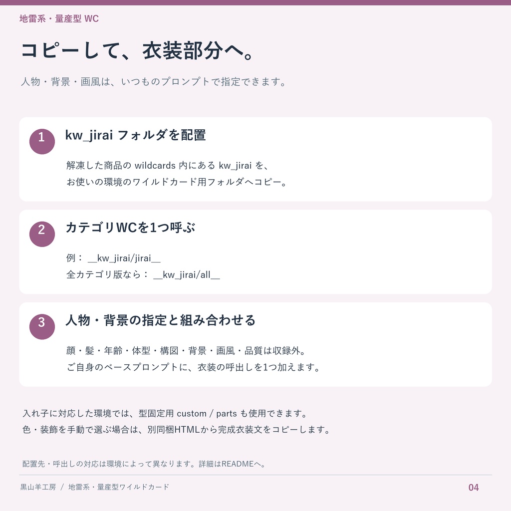 地雷系・量産型衣装ワイルドカード|型・色・装飾差分 カテゴリ選択して自動で呼び出すHTML付き