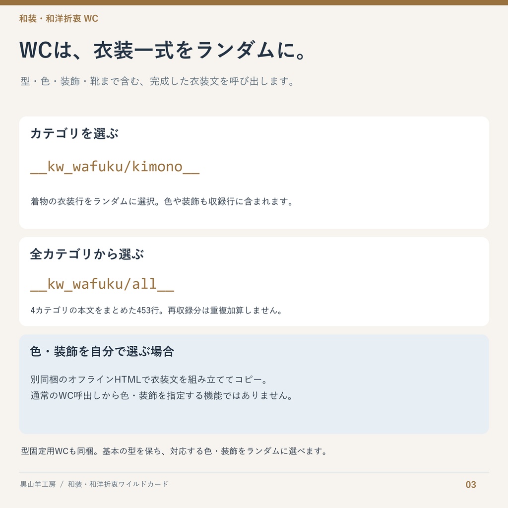 和装・和洋折衷ワイルドカード|型・色・装飾差分 カテゴリ選択して自動で呼び出すHTML付き