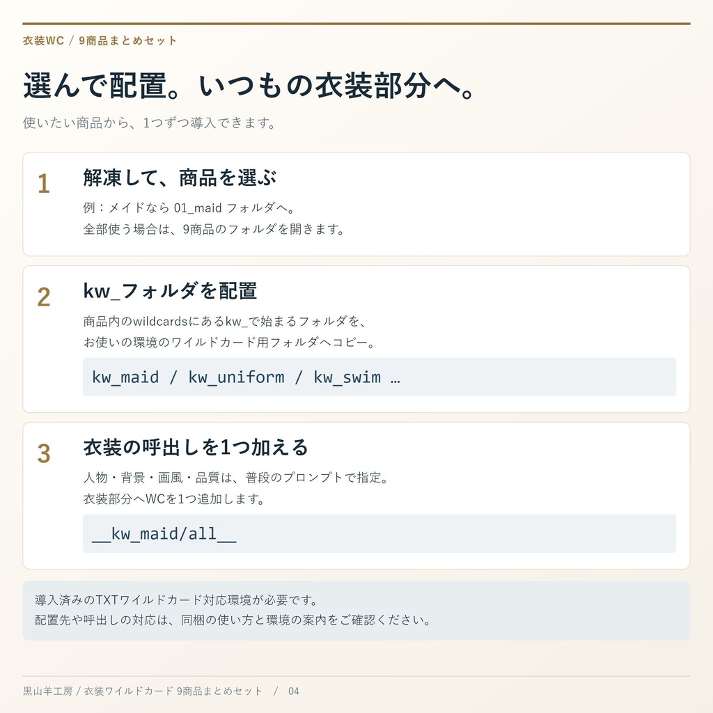 衣装ワイルドカード 9商品まとめセット|メイド・制服・水着ほか カテゴリ選択して自動で呼び出すHTML付き