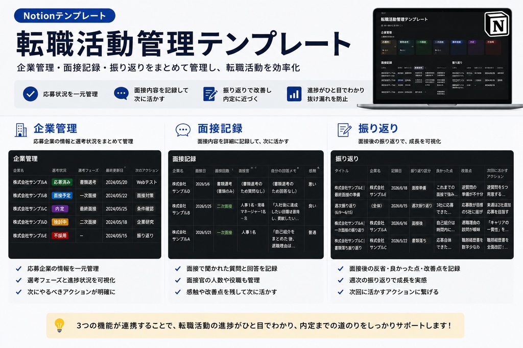 【Notion】転職活動管理テンプレート|応募管理・面接記録・振り返りを一元管理