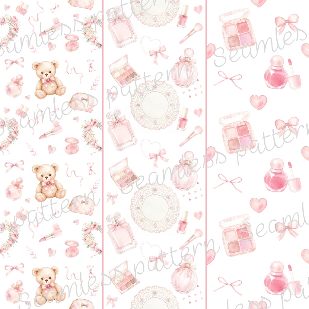 【デジタル素材】水彩ピンクのコスメ柄シームレスパターン|大人かわいいデザインペーパー