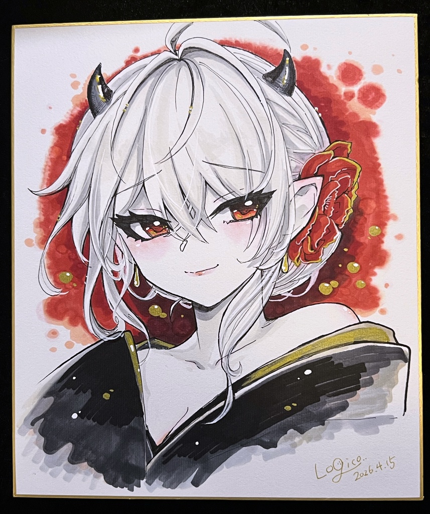 【原画】鬼角少女 / 赤×金×モノトーン色紙(直筆・一点物)