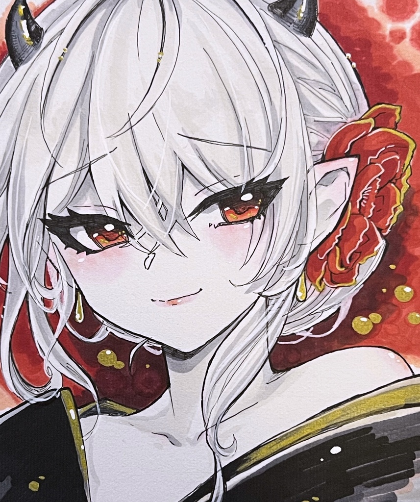     【原画】鬼角少女 / 赤×金×モノトーン色紙（直筆・一点物）