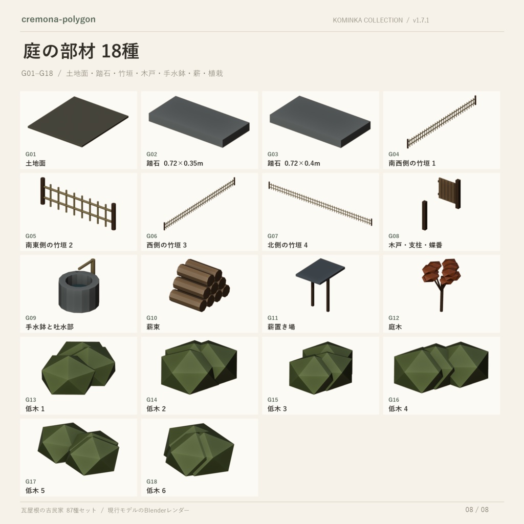 瓦屋根の古民家 87種セット|建築・建具・家具・庭+完成シーン【BLEND/GLB/Unity】