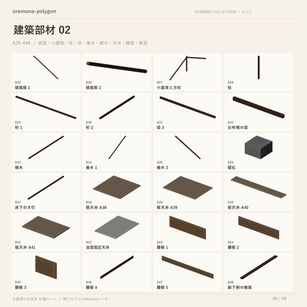 瓦屋根の古民家 87種セット|建築・建具・家具・庭+完成シーン【BLEND/GLB/Unity】