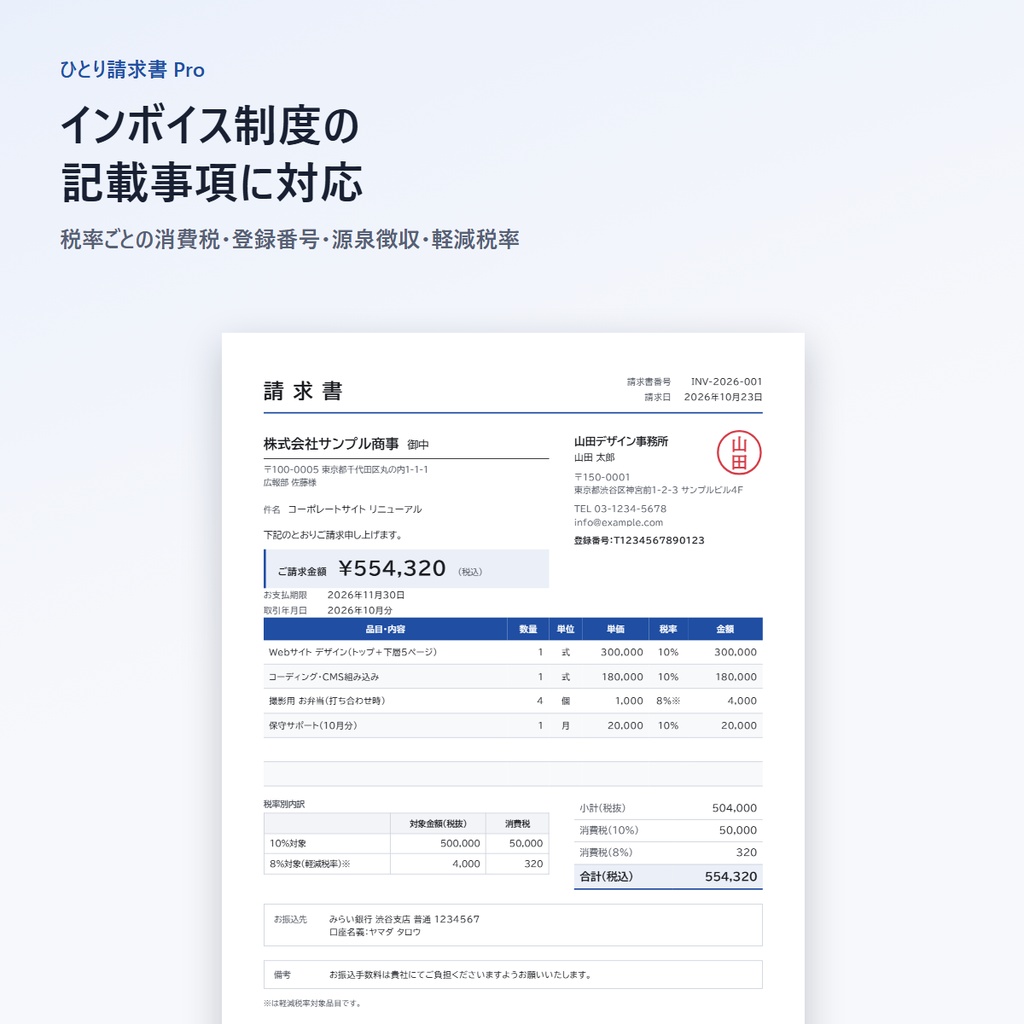 【インボイス対応】請求書・見積書・領収書ソフト「ひとり請求書 Pro」|入金管理・売上グラフ|買い切り・オフライン