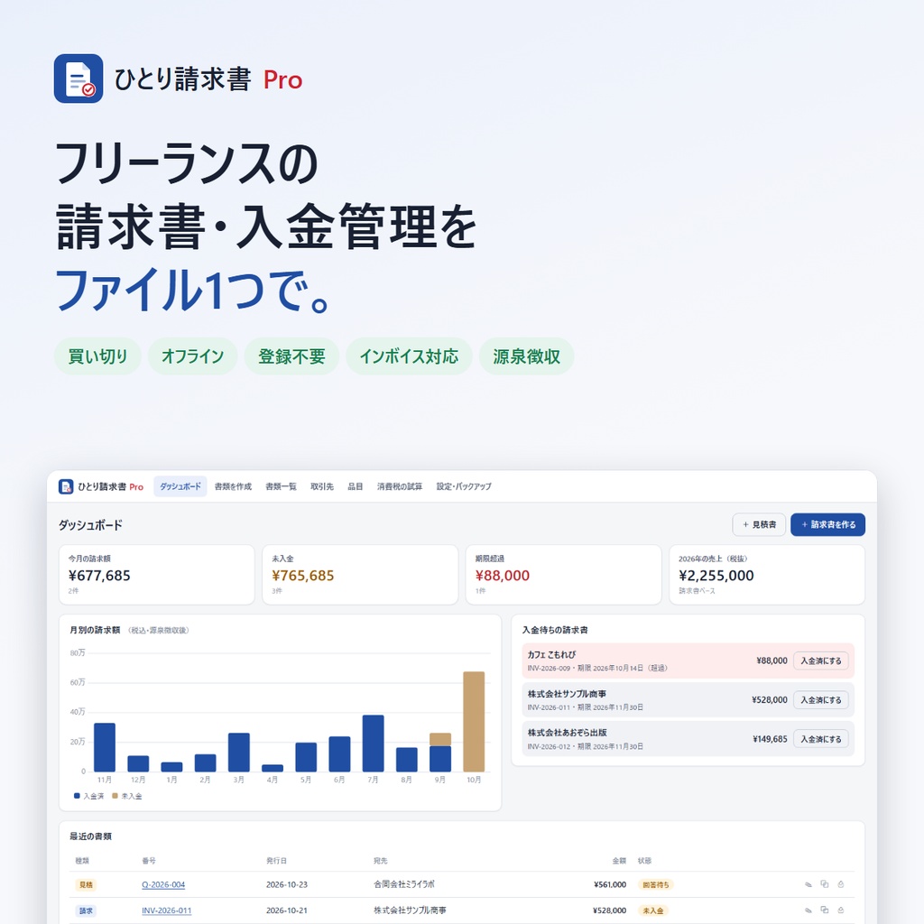 【無料体験版】インボイス対応 請求書ソフト「ひとり請求書 Pro」｜見積書・領収書・入金管理