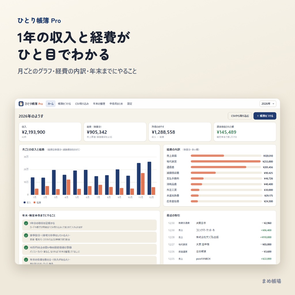 【確定申告】帳簿ソフト「ひとり帳簿 Pro」|収支内訳書・青色申告決算書の数字まで|CSV取り込み・減価償却・在庫|買い切り・オフライン